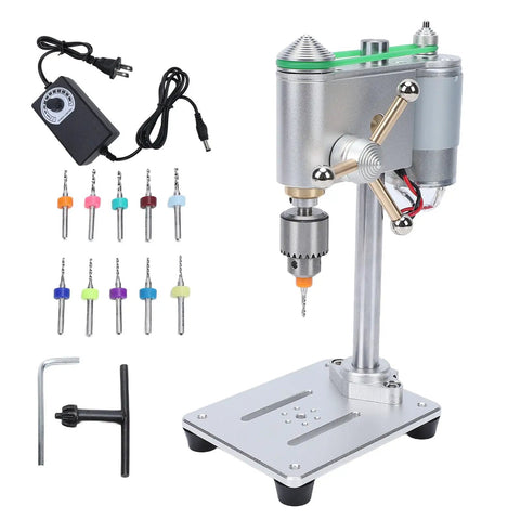 Mini Benchtop Drill Press With Variable Speed 0 To 8000 RPM, CNC machined aluminum, 10 drill bits for precision work.