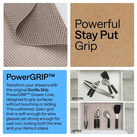 Pro Level Non Adhesive Cabinet Liner For Drawers And Shelves, Extra Grip Anti Slip Paper In Smooth Beige close-up with tools organized.