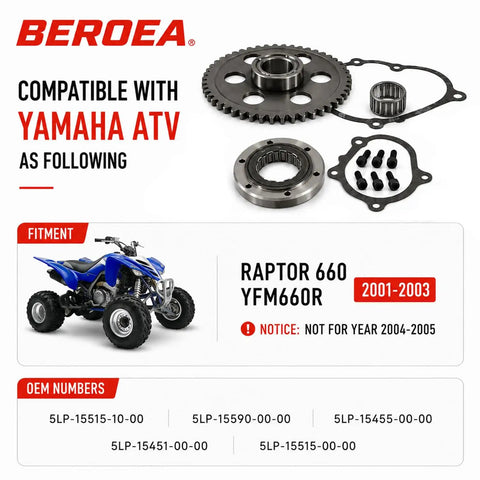 Hardcore Starter Clutch Bearing Kit For Yamaha Raptor 660 Yfm660 660r Atv Quad with metal shaft, bearing, sprocket, and gaskets.