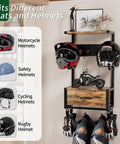Built Tough Heavy Duty Motorcycle Helmet Holder Wall Mounted Rack Holds Six Helmets And Riding Gear Storage Organizer For Your Garage Or Bike Shop Display Unit with various helmets.