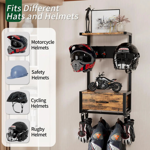 Built Tough Heavy Duty Motorcycle Helmet Holder Wall Mounted Rack Holds Six Helmets And Riding Gear Storage Organizer For Your Garage Or Bike Shop Display Unit with various helmets.