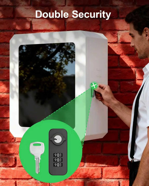 Man using key on Universal Lockable EV Charger Outdoor Enclosure with keypad, mounted against a brick wall.