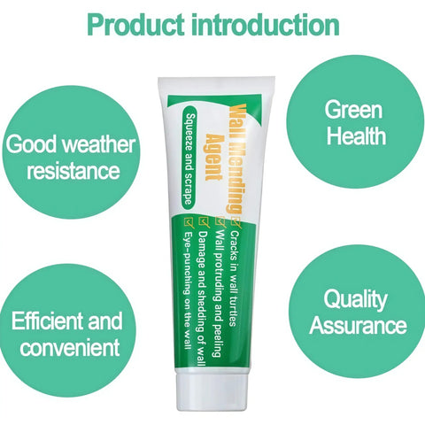 Tube of wall repairing agent with benefits highlighted including good weather resistance, green health, efficiency, and quality assurance.