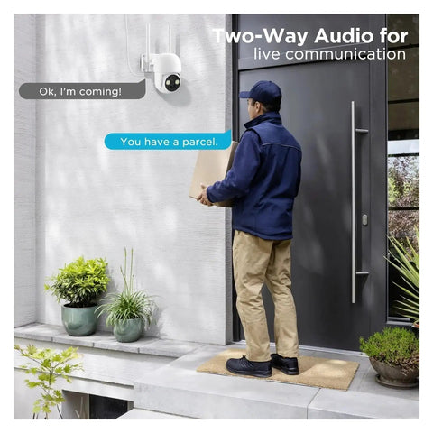 Hella Tough 5Mp Solar Wireless Ptz Security Camera With Ai Human Detection Auto Tracking IP66 Waterproof And Dope Two Way Audio Mounted by a front door.