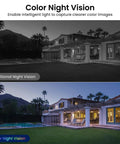Comparison of traditional and color night vision from a 2K Indoor Outdoor Security Cameras Bundle at night highlighting color clarity