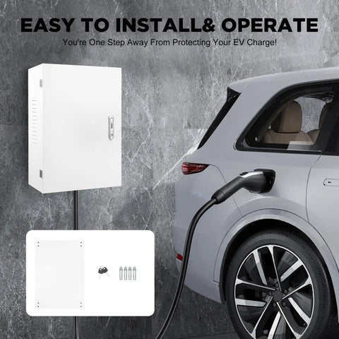 Rock Solid Outdoor Electric Vehicle Charger Cover With Keylock And Wall Mount Heavy Duty Weatherproof Electrical Enclosure Box next to a parked EV.