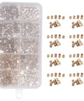 Solid 500 Pack Brass Knurled Threaded Inserts For M2 And M3 Metric Screws in a clear storage box with various sizes.