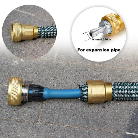 Close-up of Garden Telescopic Hose End Adaptor with Shut Off Valve and Brass Repair Connector, showing installation detail