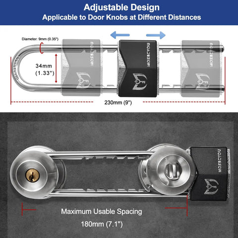 Adjustable Built Tough Double Door Barricade Lock for French Doors with U shaped all metal security bar and keyed lock