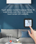 Person adjusting WiFi Smart Air Conditioner Controller With LCD Touch Screen Easy Setup Thermostat in a living room.