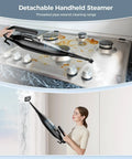 Top Shelf Handheld Steam Mop And Tough Stain Remover With Twelve Snap Swap Tool Tips For Blistering Heat Output On Hardwood Tile Grout And Laminates Anywhere being used to clean a stovetop and wall.