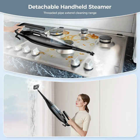 Top Shelf Handheld Steam Mop And Tough Stain Remover With Twelve Snap Swap Tool Tips For Blistering Heat Output On Hardwood Tile Grout And Laminates Anywhere being used to clean a stovetop and wall.