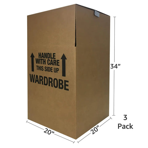 Space Saver Wardrobe Moving Boxes With Hanger Pack Of 3 Shorty Wardrobe Boxes 20x20x34 Inches in upright brown cardboard design.