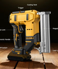 Heavy Hitter 2 In 1 Cordless Nail Gun And Electric Stapler Straight Shooter 18 Gauge Brad Nailer showing ergonomic handle and safety lock.