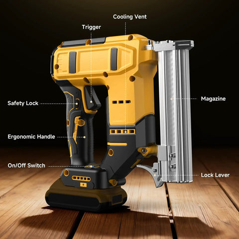 Heavy Hitter 2 In 1 Cordless Nail Gun And Electric Stapler Straight Shooter 18 Gauge Brad Nailer showing ergonomic handle and safety lock.