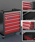 Heavy Duty Seven Drawer Rolling Tool Chest With Lockable Drawers And Waterproof Top Red Mobile Workshop Cabinet showcasing locked drawers and anti-slip countertop.