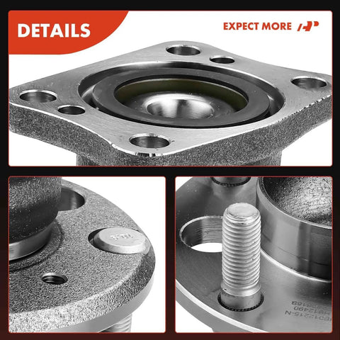 Heavy Duty Rear Wheel Bearing And Hub Assembly Pair For Ford Fiesta Rides With 4 Lug Bolts close-up of durable steel unit detail.