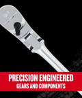 Close-up of V Series One Quarter Inch Drive Ratchet With 80 Tooth, Flexible XL Head, 180 Degree Articulating Neck For Tight Spots