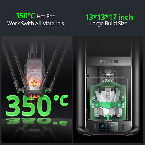 Delta 3D Printer Rocking Ridiculously Fast 1200MM Per Second Feeds, Fully Auto Bed Leveling, Mega 13X13X17 Inch Printing Zone, Built Tough On An All Metal Frame And Runs Super Quiet With Zero Hassle Setup showing hot end at 350°C and large 13x13x17 inch build area.