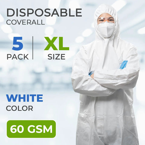 Microporous Disposable Coveralls with Hood for Men and Women Size X Large Pack of 5 shown in white with elastic wrists