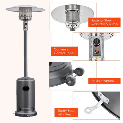 Heavy Duty 50,000 BTU Propane Patio Heater for Outdoors with steel frame, flexible wheels, control panel, and sturdy base.