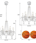 Lit White Crystal Chandelier With Six Lights For Bedroom And Dining Room Modern Elegant Candle Ceiling Light Fixture Living Room Entryway Foyer Decor Sparkling K5 Drops And Glass Center Tray, dimensions displayed.