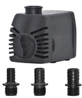 Beefed-Up 500 GPH Fountain Pump With Low Water Shut Off Auto Shut Off To Prevent Burnout 7 Ft Pumping Height Ideal For Large Fountains And Hydroponics, shown with three adapters.