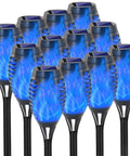 Blue Solar Torch Lights With Flickering Flames, 12 Pack Outdoor LED Tiki Torches For Yard And Garden, shown in a cluster