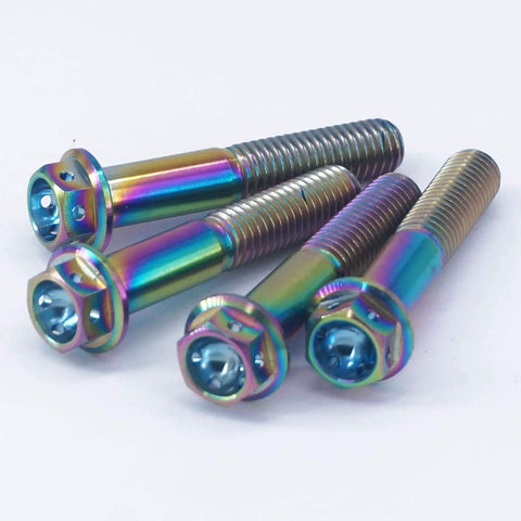 Premium GR5 Titanium Motorcycle Flange Screws With Rainbow Gradient Plating M8 X 1 Point 25 X 45 Millimeter hex fasteners set