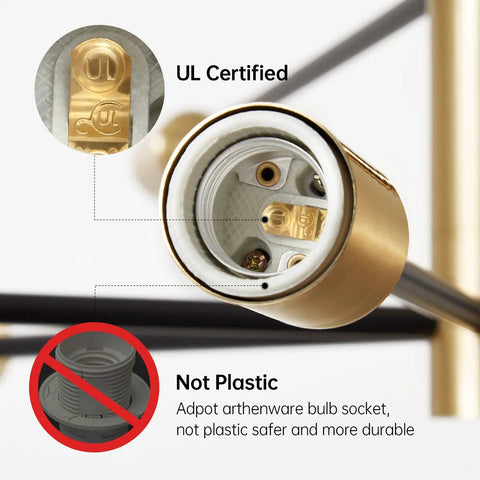 Close-up of UL certified bulb socket on Dope Black And Gold 6 Light Sputnik Chandelier For Dining Room Living Room Kitchen Island And Bedroom Modern Mid Century Ceiling Fixture With Rust Resistant Electroplating And Durable Build.