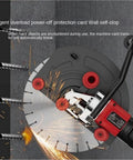 Professional Grade Heavy Hitter Electric Concrete Cutter Saw Featuring Dual High Impact Blades And Integrated Water Pump in action creating sparks.