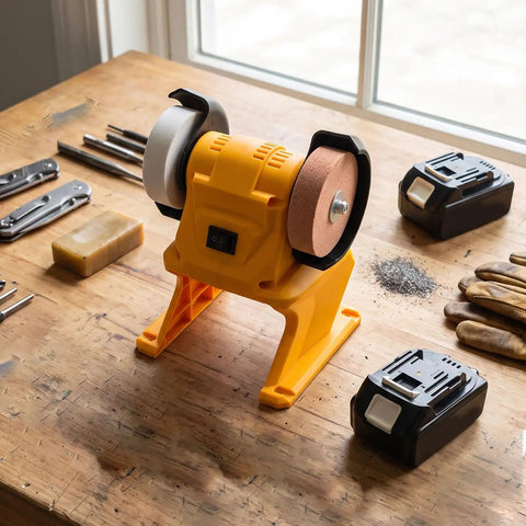 Top Shelf Mini Bench Grinder With 18V Compatible Battery For Precision Sharpening And Metal Polishing on wooden workbench.