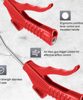 Red air nozzle blower gun with pistol grip, showing ergonomic handle and stainless steel pipe for industrial cleaning
