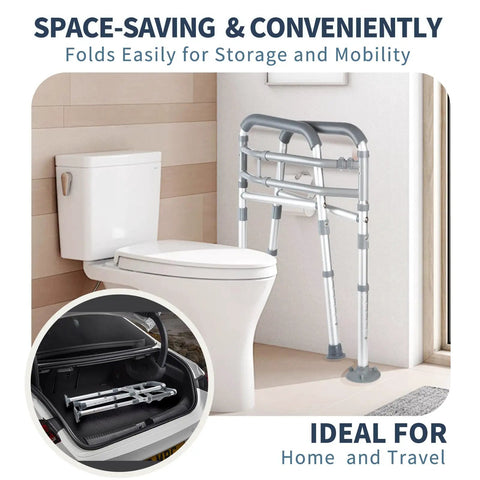 Heavy Duty Toilet Safety Rails Height Adjustable Foldable Frame near toilet for easy storage and travel.