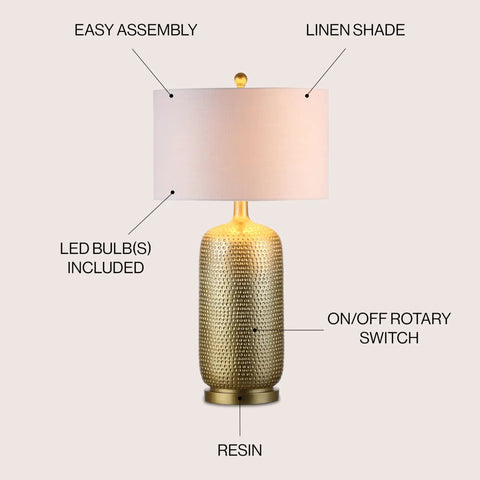Gold Modern Resin Table Lamp 30 Inch Tall With White Linen Drum Shade Glam Contemporary Bedside Light For Living Room And Bedroom UL Listed LED Bulb Included Easy Plug In Vibe, features resin base and linen shade.