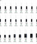 Killer Electrolytic Capacitor Assortment Kit With 630 Pieces And 24 Values Covering 0.1uF To 1000uF aluminum capacitors from 0.1uF to 1000uF.