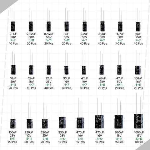 Killer Electrolytic Capacitor Assortment Kit With 630 Pieces And 24 Values Covering 0.1uF To 1000uF aluminum capacitors from 0.1uF to 1000uF.
