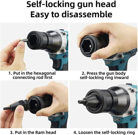 Step-by-step assembly guide for Heavy Duty Cordless Rivet Gun With Bright LED Panel And Dual Speed Modes.