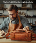 Man using Wood Carving Kit 17Pcs With Whittling Knives And Detail Carving Tools For Beginners And Adults, Professional Woodworking Set with leather roll bag on table.
