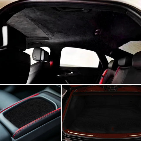 Babnecl suede auto headliner fabric with foam backing, black interior roof front view
Babnecl suede auto headliner fabric with foam backing, black interior roof side view
Babnecl black suede headliner fabric texture with foam backing close-up
Babnecl headliner installed in car interior, black suede fabric with foam backing on roof