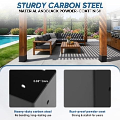 Six Pack 4x6 Heavy Duty Metal Post Base Brackets With 3.6x5.6 Inner Fit No Wobble Design Rust Resistant Includes Hardware For Fence Porch Pergola Mailbox Wood To Concrete Installations, shown in a garden setup with close-up on black carbon steel material