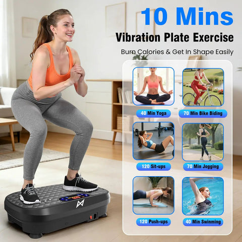 Vibration Plate Exercise Machine For Full Body Training And Muscle Activation Fitness Platform showing a user doing squats.