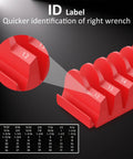 Red Magnetic Modular Wrench Organizer Set for Tool Drawers with ID labels, designed for 6mm to 38mm metric and SAE wrenches.