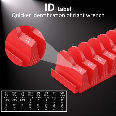 Red Magnetic Modular Wrench Organizer Set for Tool Drawers with ID labels, designed for 6mm to 38mm metric and SAE wrenches.