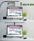 Double Head LED Desk Lamp With 24W Power, Big Reach Adjustable Arm Extends To 31.5 Inches, shown in two placement options on desk