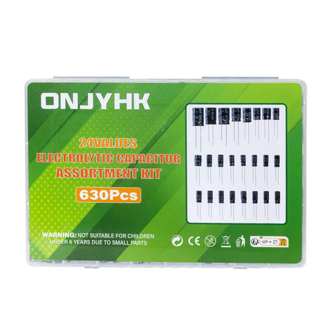 Killer Electrolytic Capacitor Assortment Kit With 630 Pieces And 24 Values Covering 0.1uF To 1000uF Aluminum Capacitors in a storage box.