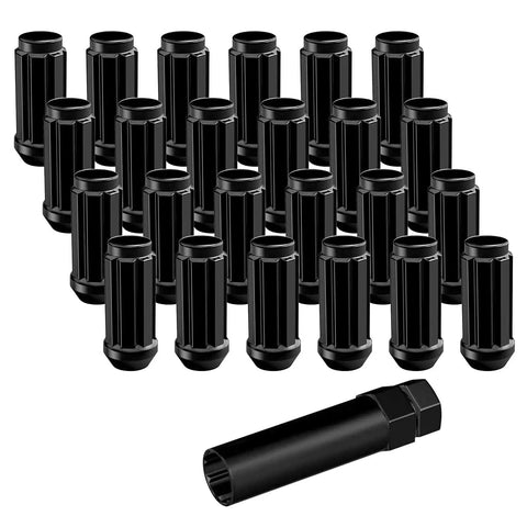 Heavy Duty 24 Pack 14Mm X 1.5 Wheel Lug Nuts With Conical Seat And Long Extended Spline Design In Matte Black Finish fits six lug aftermarket rims, with socket key.