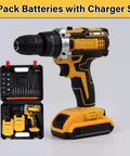 Heavy Duty Cordless Drill Driver With Kick Ass Brushless Motor And Smart Air Vents For No Sweat Cooling Plus Knockout Torque Settings And Smooth Variable Speed Control For Tough Woodworking Tasks And Quick Assembly On Any Job Site with charger and batteries set.