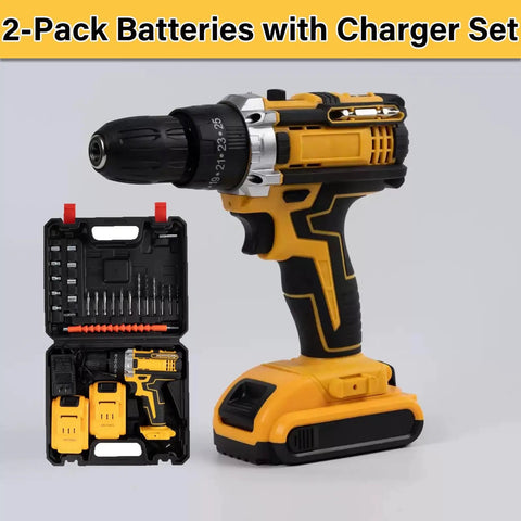 Heavy Duty Cordless Drill Driver With Kick Ass Brushless Motor And Smart Air Vents For No Sweat Cooling Plus Knockout Torque Settings And Smooth Variable Speed Control For Tough Woodworking Tasks And Quick Assembly On Any Job Site with charger and batteries set.