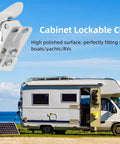 Top Shelf Marine Door Latch Featuring Rock Solid 316 Stainless Steel Construction And Smooth Twist Catch Mechanism Built For Boat Yacht RV Cabinet Setup Or Quick Upgrade Jobs, shown on a camper.